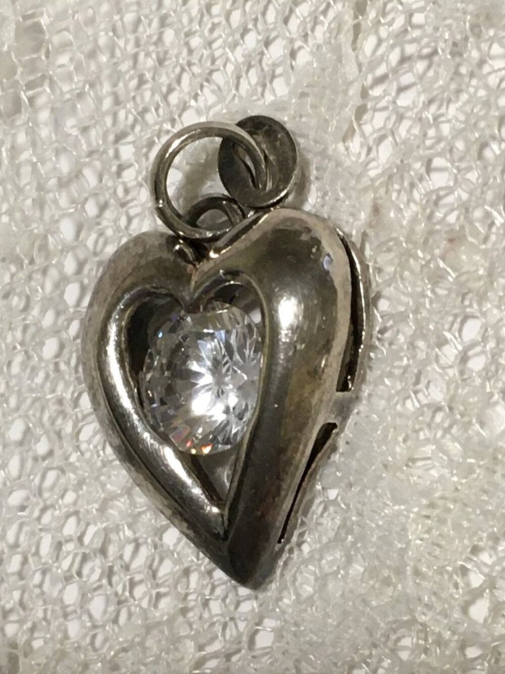 Vintage Sterling Silver Heart Charm Pendant Clear Faceted Stone - Picture 4 of 8